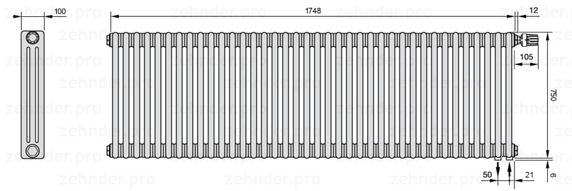 Схема (чертеж) Радиатор Zehnder Charleston 3075/38 №V002 Белый глянцевый RAL 9016